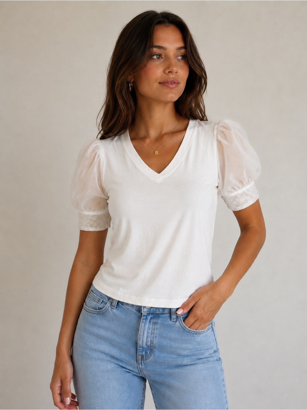 A.Z.I New York White V-Neck Puff Sleeve Top with Bling Rhinestone Sleeves